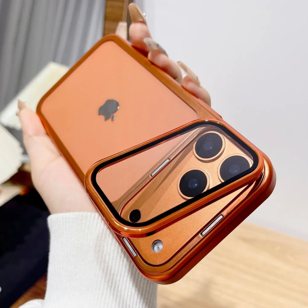 Plating Fold Glass Camera Stand Holder Phone Case For iPhone 17 17Pro 17Air 17 Pro Max Ultra Thin Transparent Shockproof Cover