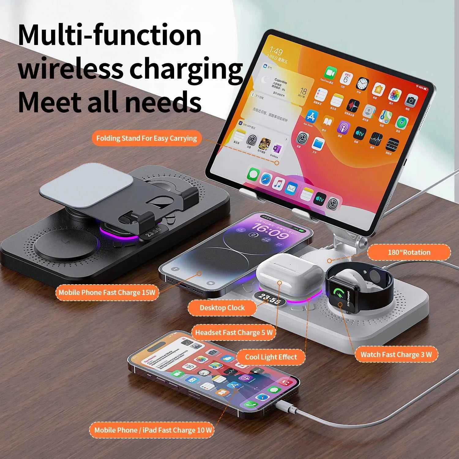 4-in-1 Wireless Charging Station Foldable Multi-function Magnetic Phone Stand Fast Charger For iPhone 16 15 iPad iWatch AirPods