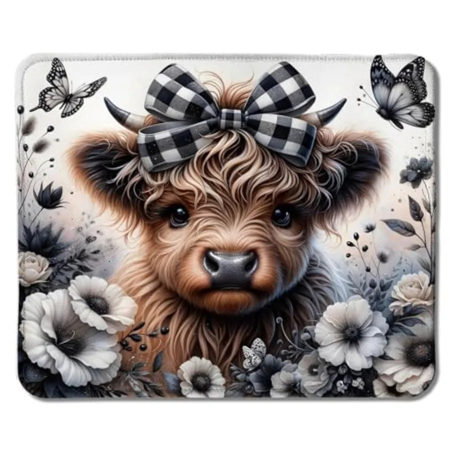 Pink Floral Highland Cow Mouse Pad, Coquette Pink Bow Highland Cow Heifer Mouse Pads Mousepad for Work Gaming Computers Laptop