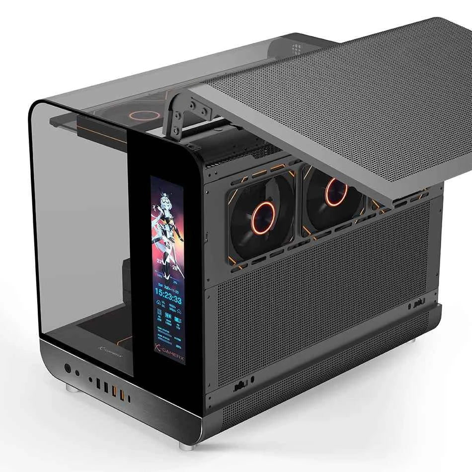 PowerTrain  X-GAMERX Phantom Wings LCD Edition Black Seaview Room Case MATX Vertical Desktop Computer 360 Water-cooling Host