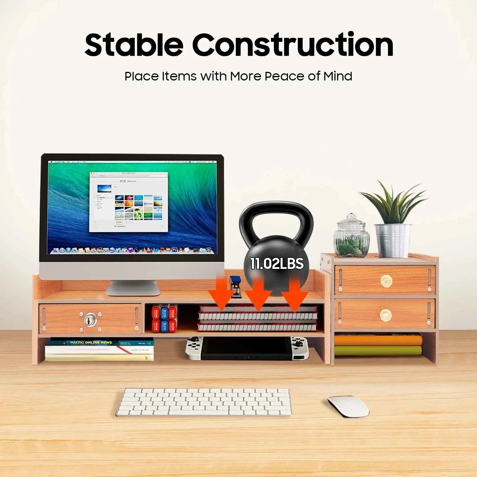 Computer Monitor Stand with Drawers & Keys & Phone Holder, Loading 5KG Computer Rack, Monitor Stand 48*20*13.5cm