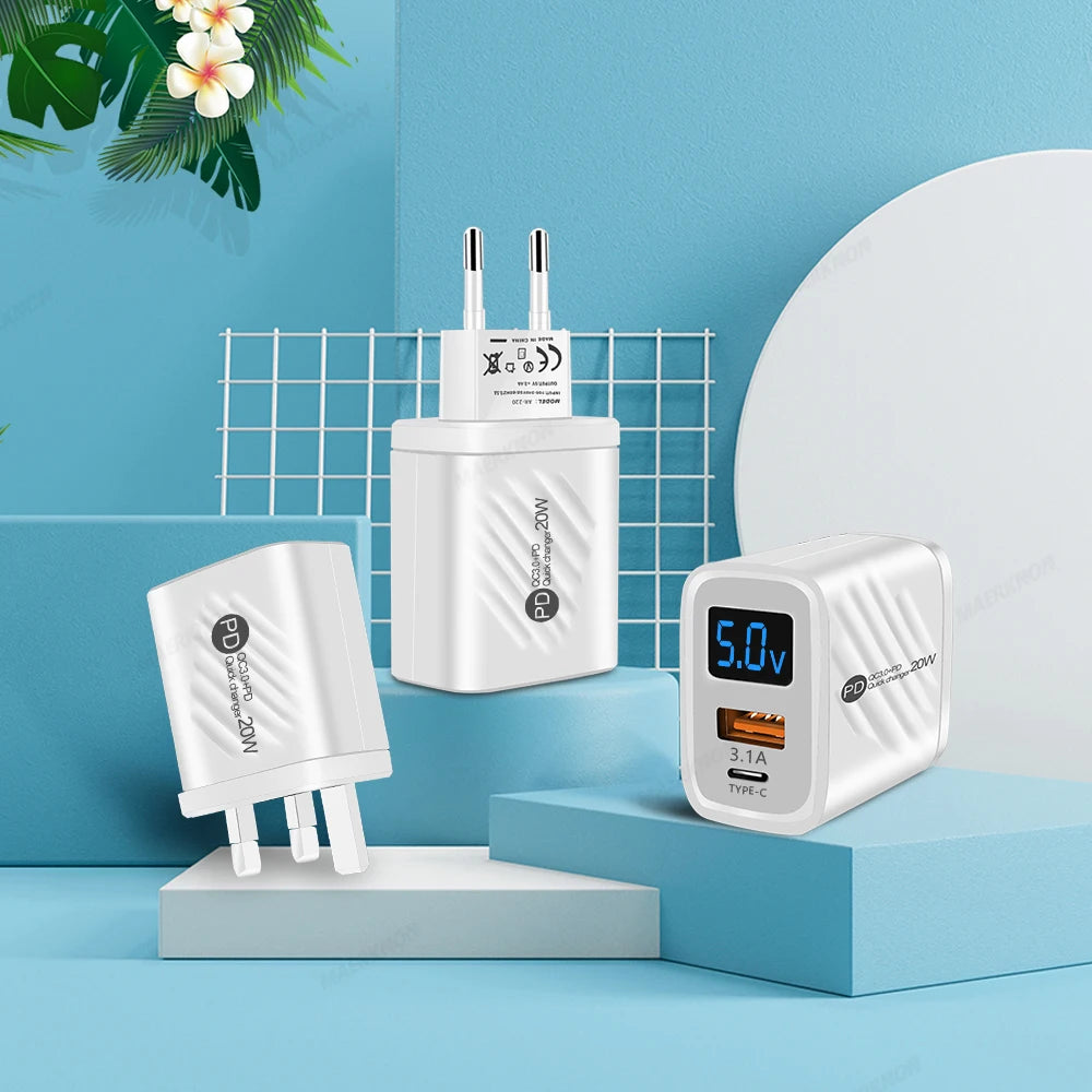 USB PD Charger 20W Fast Charging Type C Digital Display Phone Charge Adapter For iPhone Samsung Xiaomi Huawei USB C Wall Charger