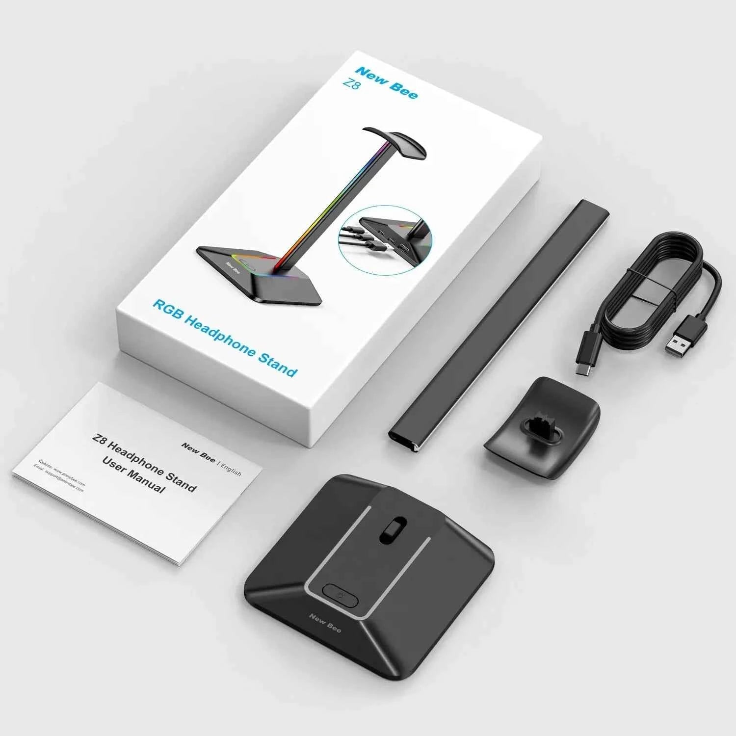 New Bee Z8 RGB Headphones Stand Holder – Desk Gaming Headset Organizer with USB Ports