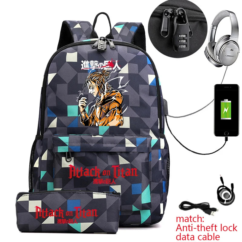 Attack on Titan Anime Print School Backpack Anti-Theft Laptop Bag for Boys Girls with Pencil Case