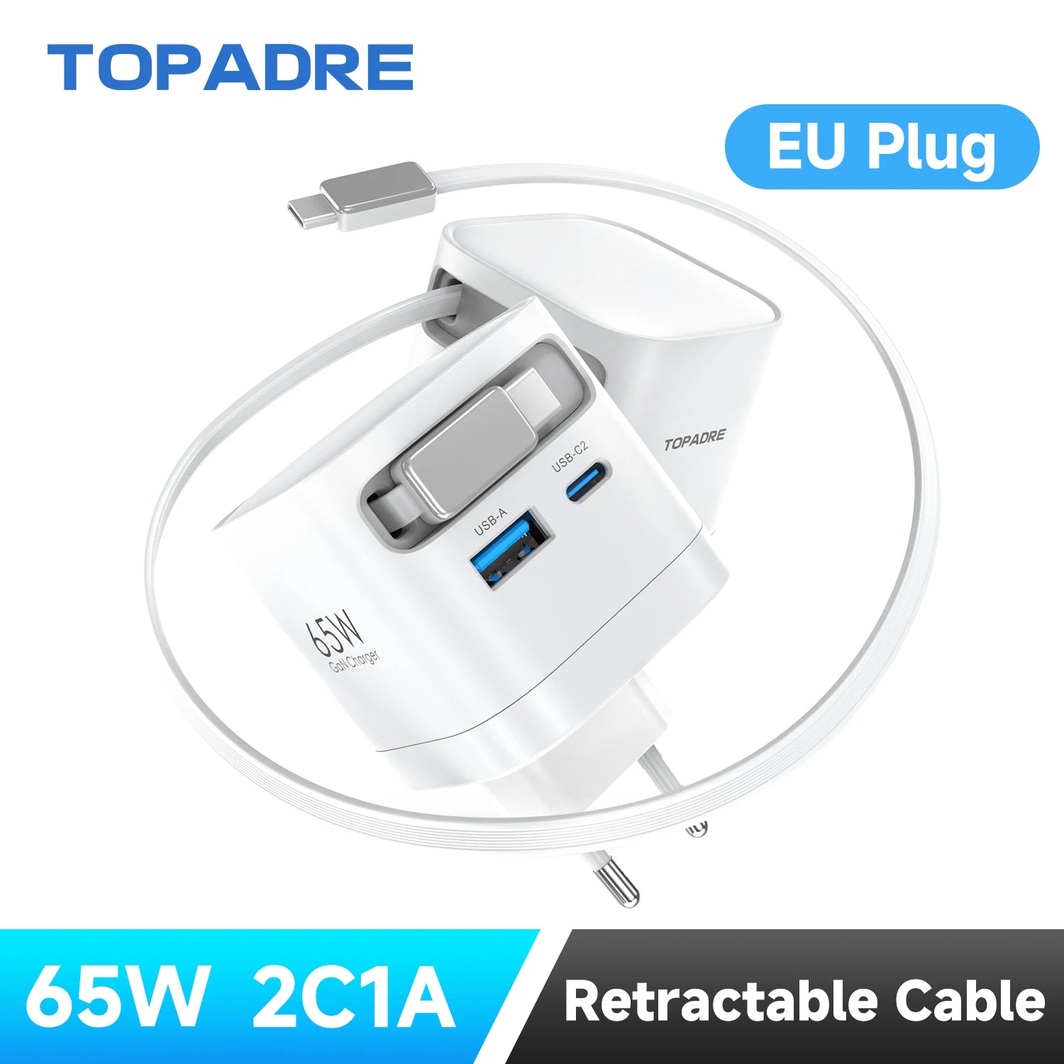 65W GaN Fast Charger with Retractable Cable, Foldable Plug, Quick Charging Block, for iPhone , Samsung , iPad, Android Phones
