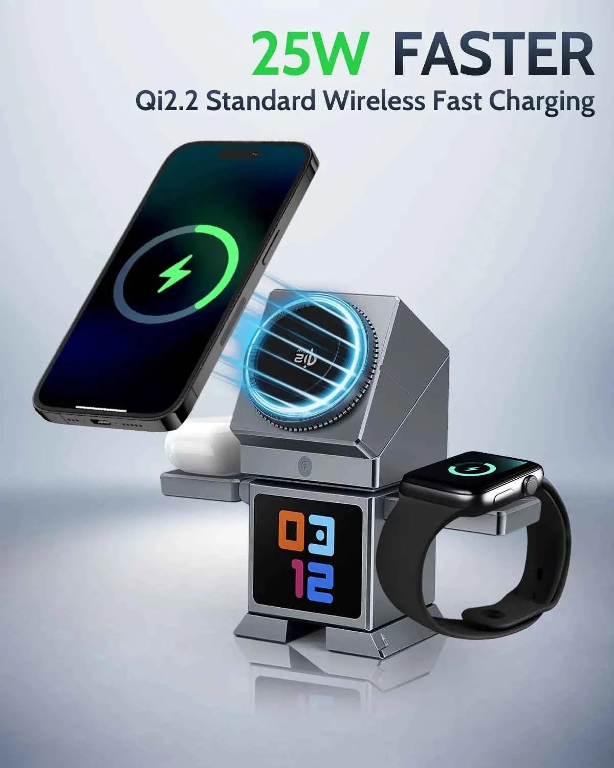7 in 1 Wireless Charger Qi2.2 Certified 25W Magnetic Fast Charging Station Bluetooth Speaker for iPhone 17~12 iWatch Airpods Pro