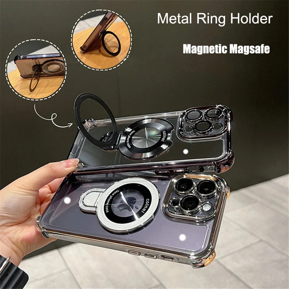Luxury Plating Shockproof Magnetic Bracket For Magsafe Clear Case For iPhone 17 15 16 14 13 12 11Pro Max With Holder Stand Cover