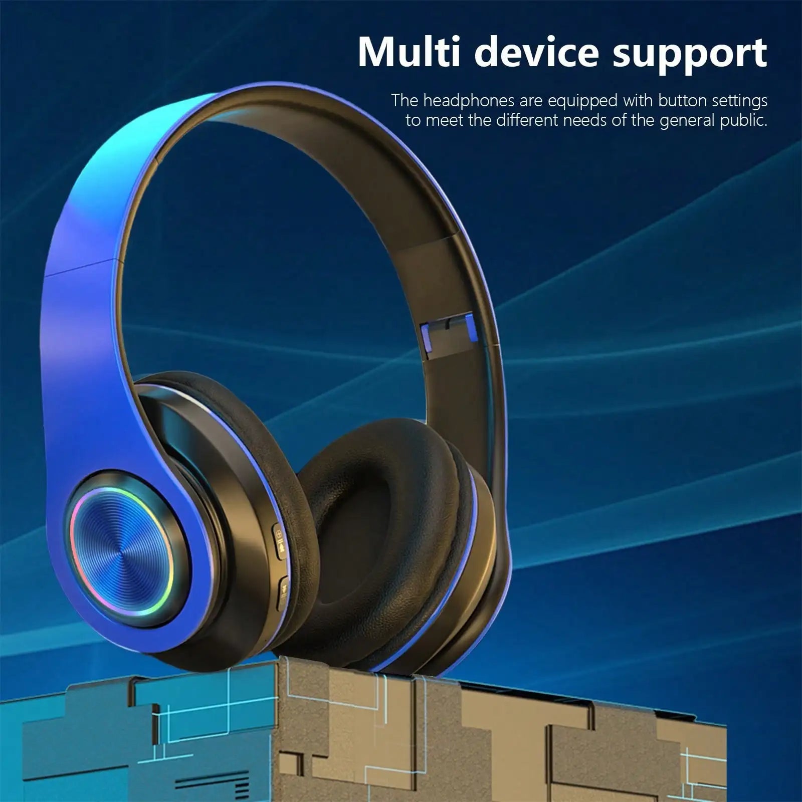 Bluetooth 5.3 Over-Ear Headphones, Active Noise Reduction, Subwoofer Bass, LED Light Design, Foldable Portable Wireless Headset for Gaming, Music, Sports, Phones & Computers