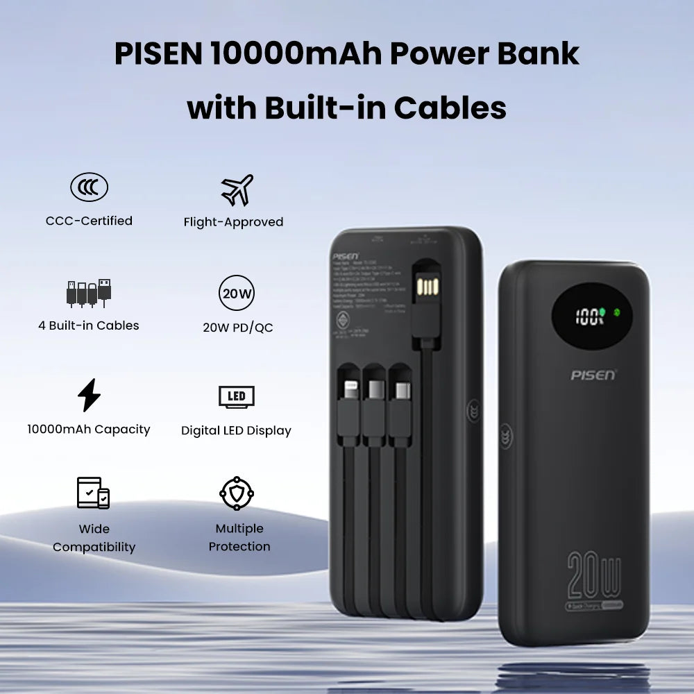 PISEN 3C Certified Power Bank 10000mAh & 20000mAh 20W Fast Charging Powerbank With 4 Built-in Cables For iPhone Samsung Xiaomi