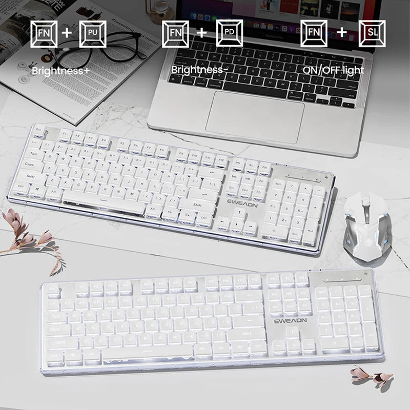 EWEADN V3 wireless Silent Office keyboard and mouse set,104 Keys Full Size with Pudding Keycaps, for Games and Office, Laptop/PC