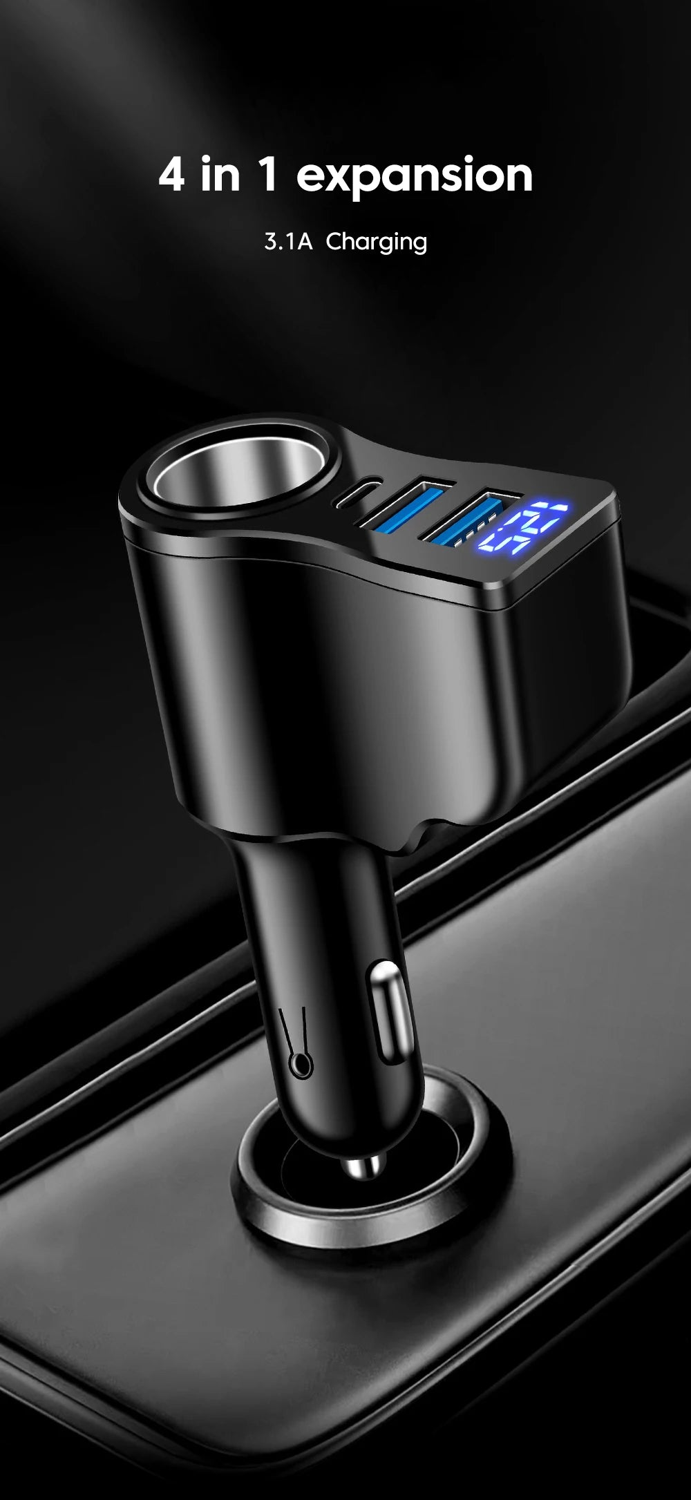 66W 4 Ports Digital Display Car Cigarette Lighter Power Adapter 3.1 A USB PD Car Phone Multifunctional Charger For iPhone Huawei