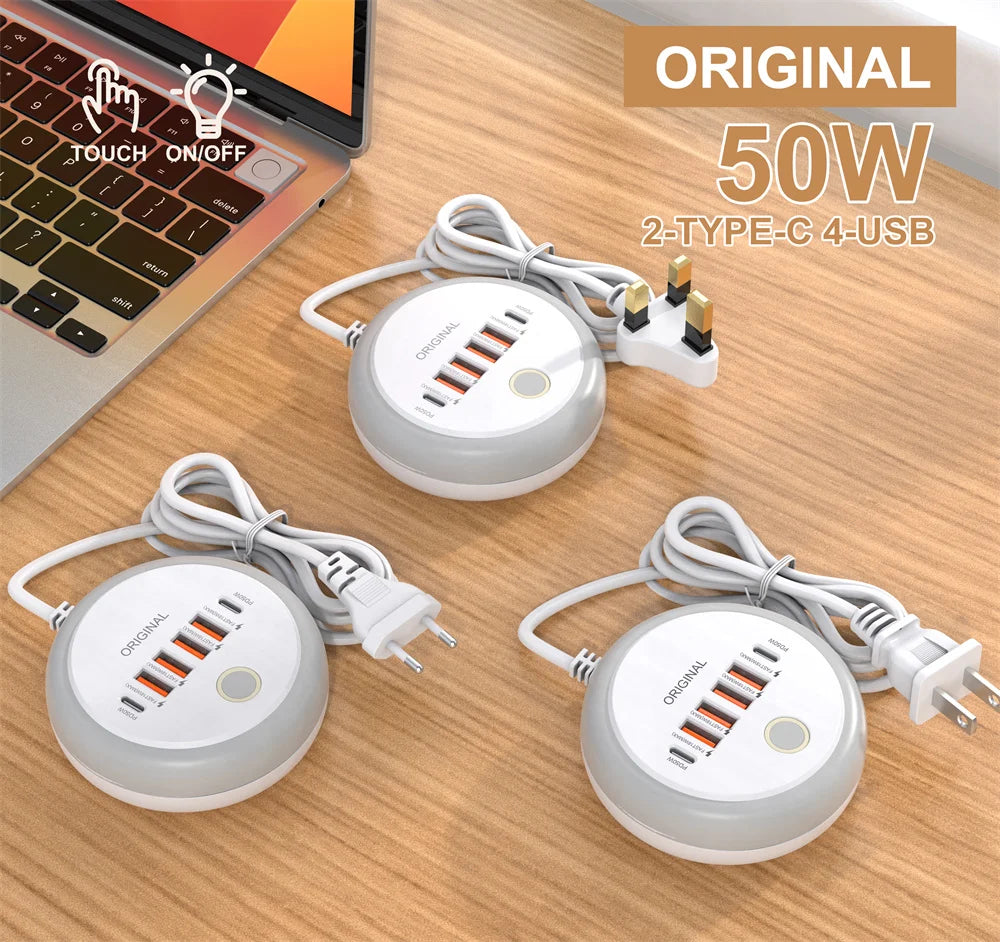 Multi Ports PD Type C Fast Charging Wall Charger 50W USB Charger USB Hub For Samsung iPhone Xiaomi EU/US/UK Plug Phone Charger