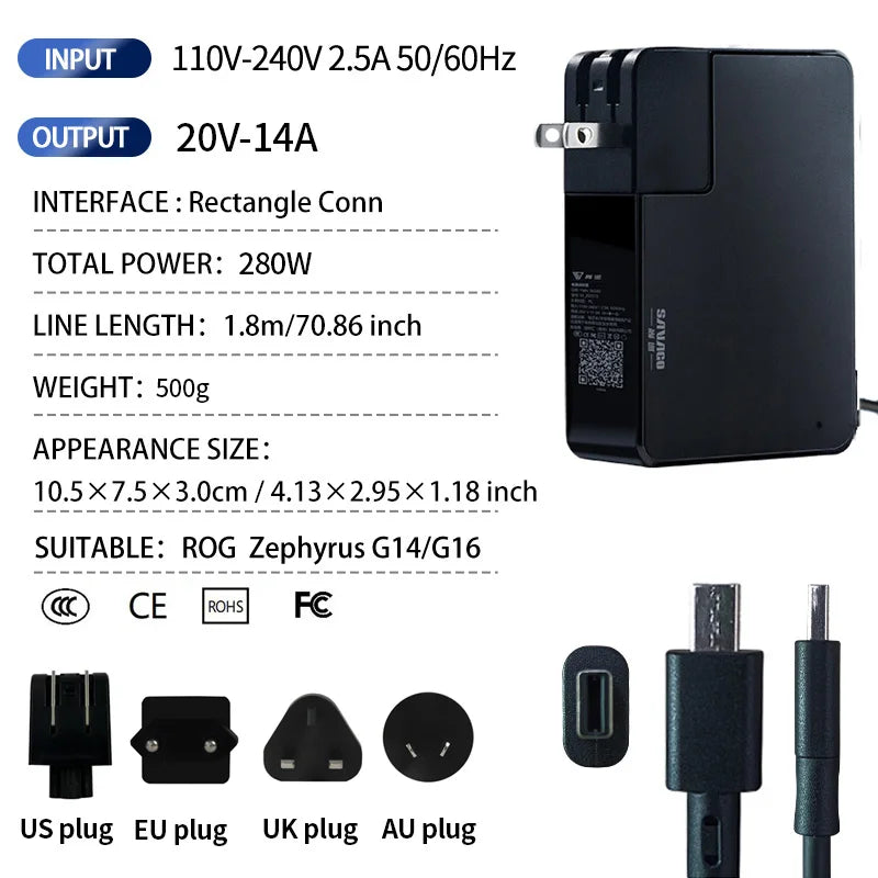 SAVAGO 20V10A 200W AC Adapter Laptop Power for ASUS ROG Zephyrus G14 2024 GA403 GaN Charger for Rog G16 2024 GU605
