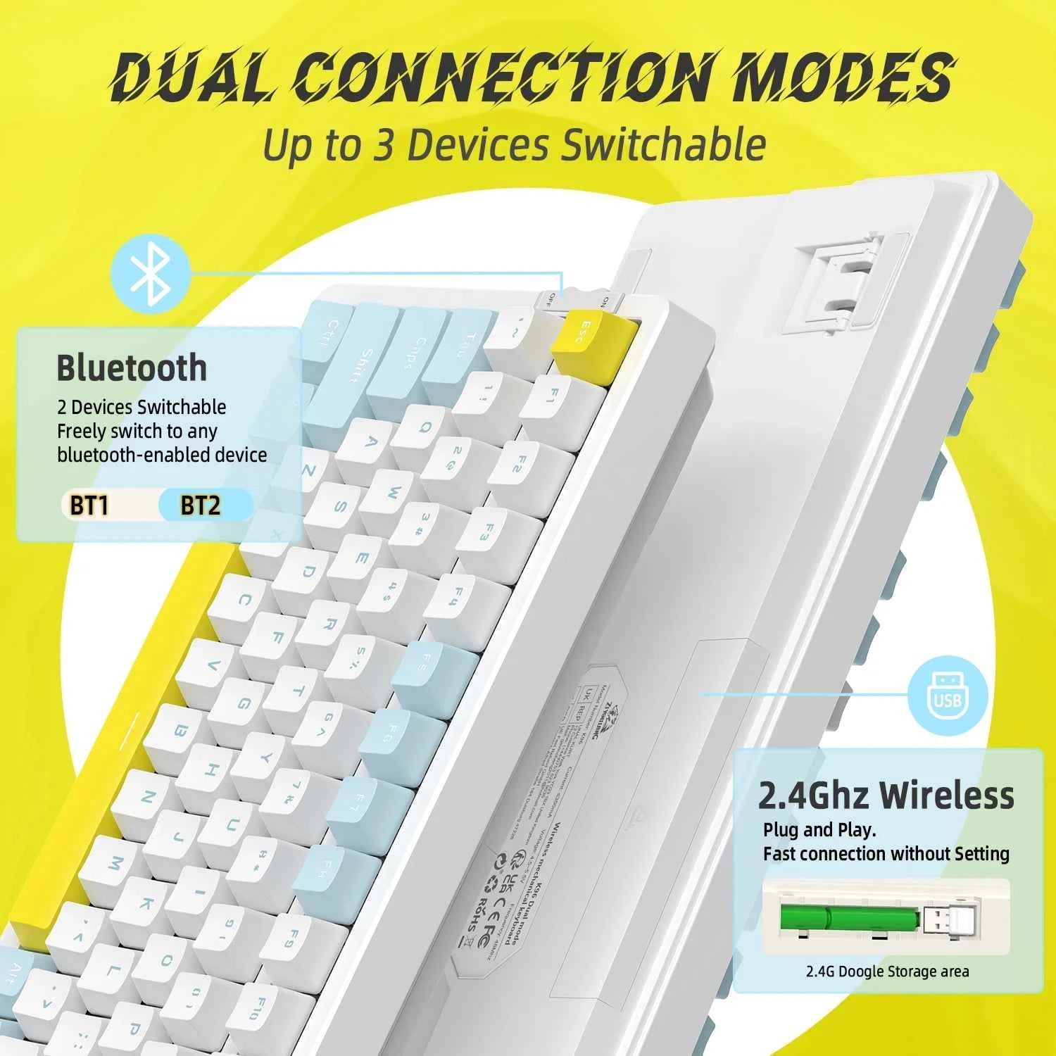 K96 Wireless Mechanical Keyboard, Dual Mode 2.4G/BT5.0 2-in-1 Receiver, 100 Keys Hot Swappable Red Switches Gamin