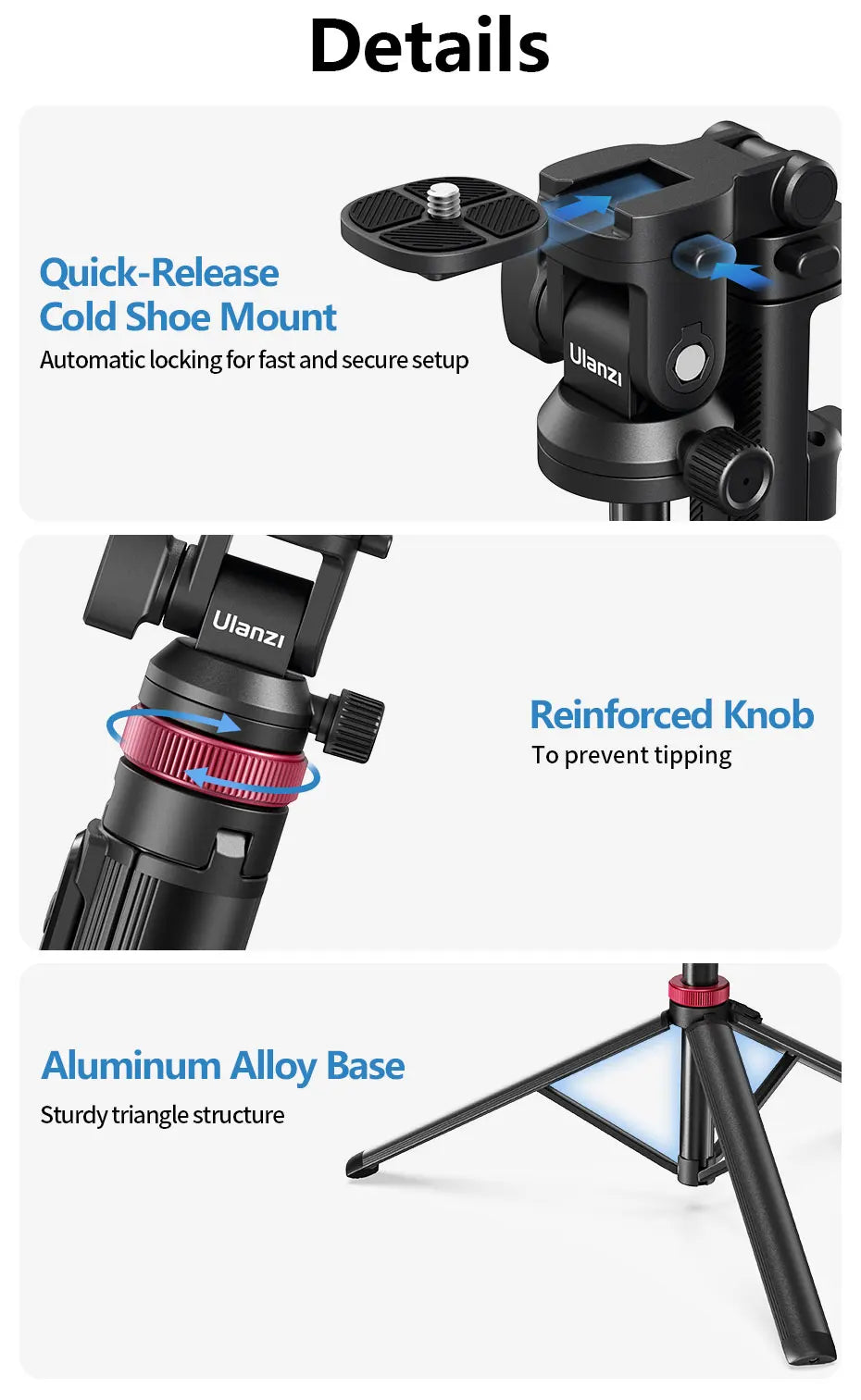 Ulanzi MT-78 1.85M Quick Release Tripod with Remote Phone Holder Cold Shoe Mount 1/4'' for Phone Camera Video Light Flash Mic