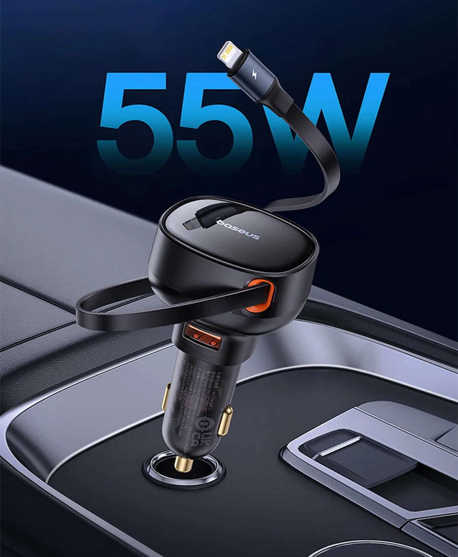 Baseus 60W Car Charger 2 in 1 Retractable Cable SCP 25W QC PD 30W Fast Car Phone Charger For iPad iPhone 16 15 14 13 Pro Samsung