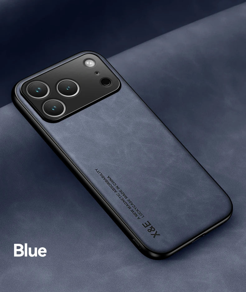 Luxury Leather Case For iPhone 17 16 15 14 13 12 11 Pro Max Plus 13 12 Mini 17 Air 16E Cover With Metal Plate Support Car Hold