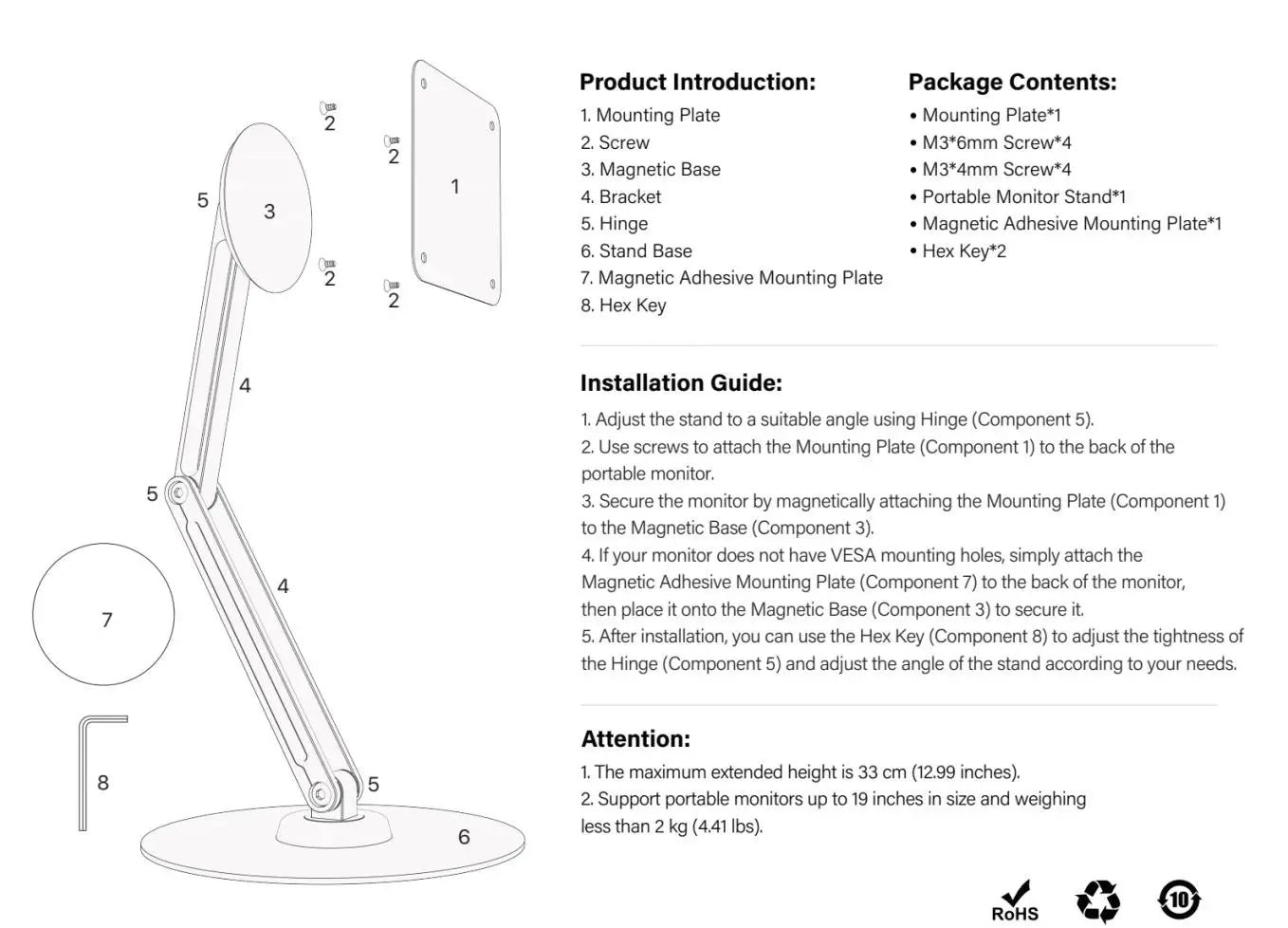 UPERFECT Portable Magnetic VESA Stand with 360° Swivel Base Aluminum Desktop Mount for 10–18.5″ Devices Supports up to 4.4 lbs