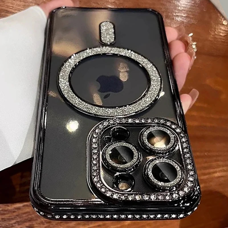 New Fashion Glitter Diamond Transparent Case For iPhone 16 15 14 13 17 12 Pro Max 16 Plus Magnetic Wireless Charge Bumper Cover