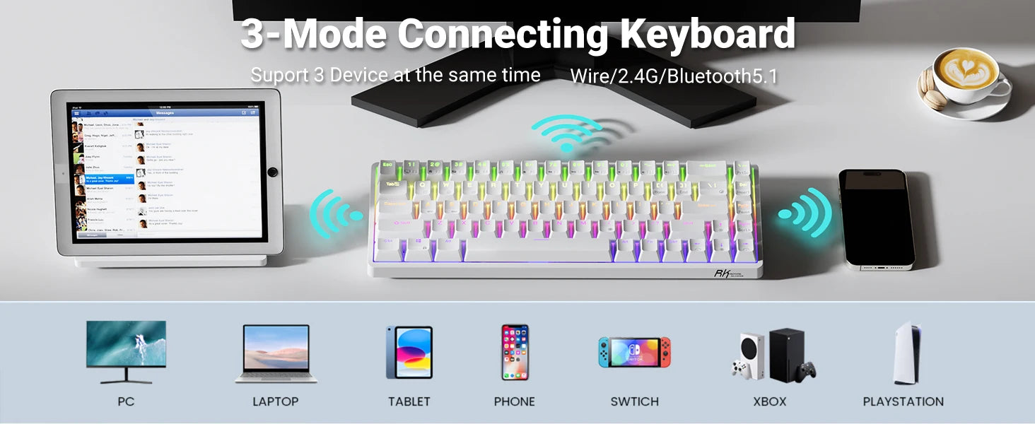 RK Royal Kludge RK837 Mechancial Keyboard 68 Keys 65% Compact 2.4G Wireless Bluetooth Gamer Keyboard RGB Backlight Hot Swappable