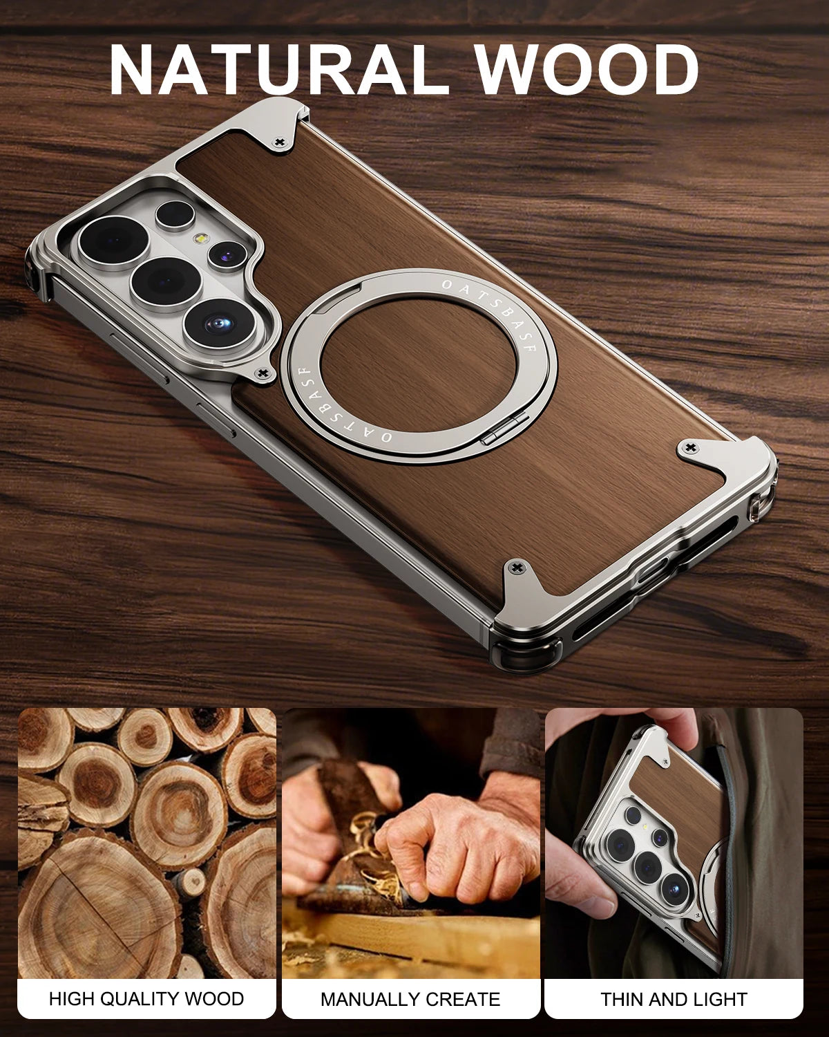 Eary for Samsung Galaxy S26 Ultra Wooden Case With 360°Rotating Magnetic Stand Frameless Unique Wood Phone Cover Drop Protection