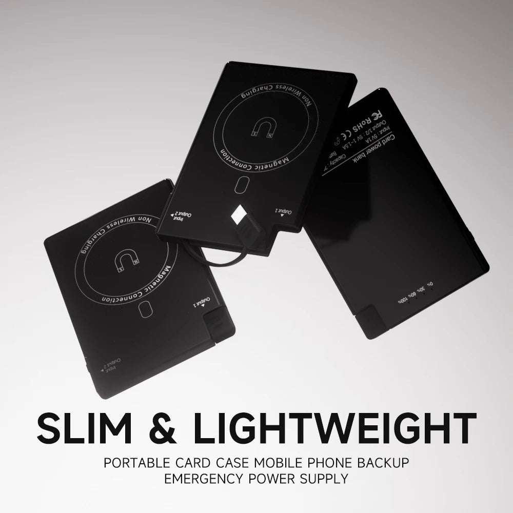 Magnetic Card-Size Power Bank 2650mAh Ultra-Slim Portable Charger with Built-in USB-C & Lightning Cables 7.5W Quick Charge