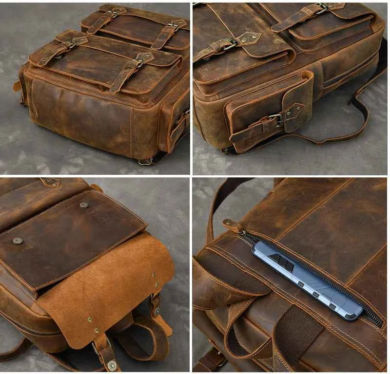 Vintage Crazy Horse Genuine Leather Backpack Men Bagpack Cowhide Hiking Backpack 17