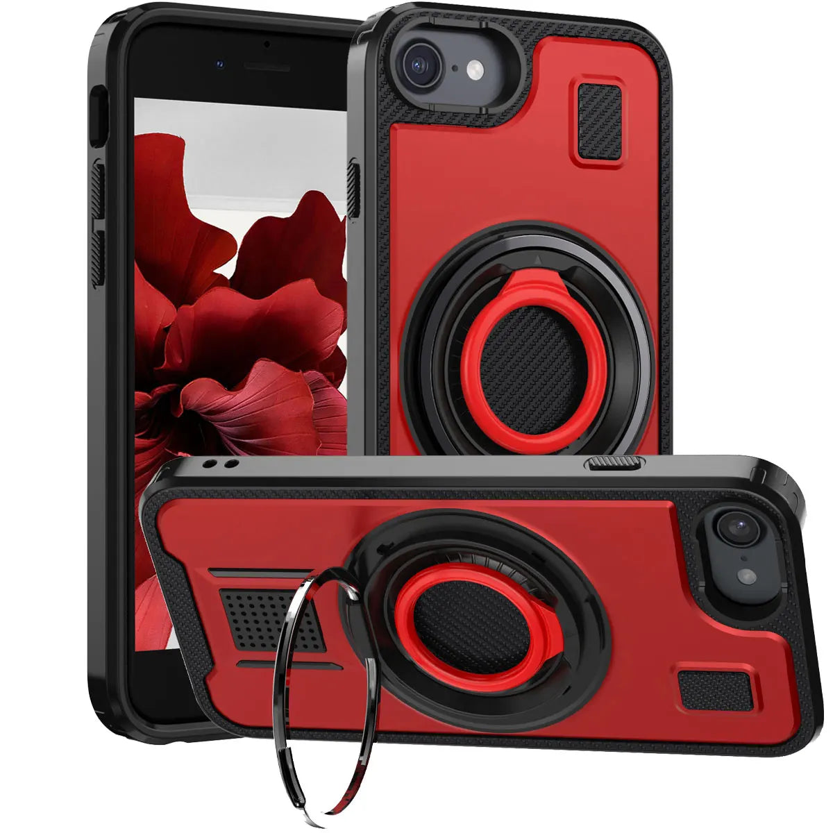 For iPhone SE 2020 iPhone SE 2022 SE 2nd 3rd Case Hybrid Shockproof Double Ring Kickstand Stand Rugged Phone Hard Slim Cover Red