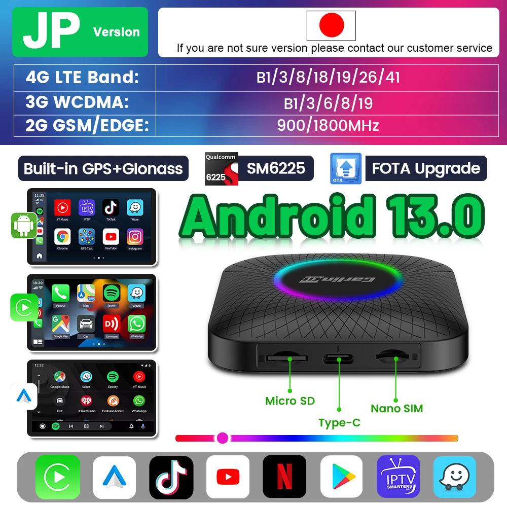 Carlinkit Ai Box Android 13 Led Wireless Android Auto & CarPlay Smart Tv Box QCM6225 Support Youtube Netflix Car Accessories