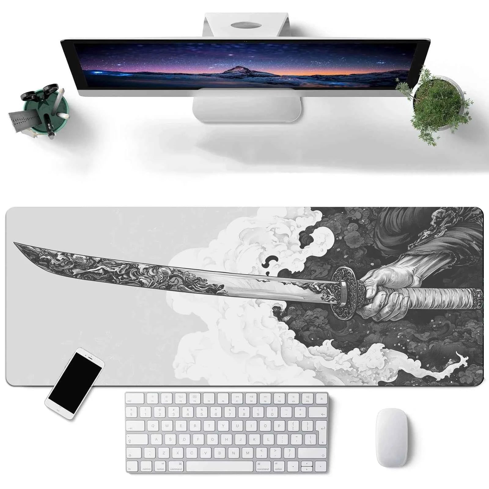 Black And White Comic Wind Sword Model Keyboard Mouse Pad Desk Mat, 3D Gaming Mouse Pad with Non-Slip Rubber Base Stitched Edges
