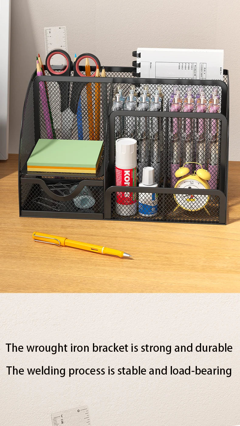Mesh Pen Holder and Organizer Office Supplies with 7 Compartments, Desktop Organizer with Drawer, Metal Pen Holder for Desk