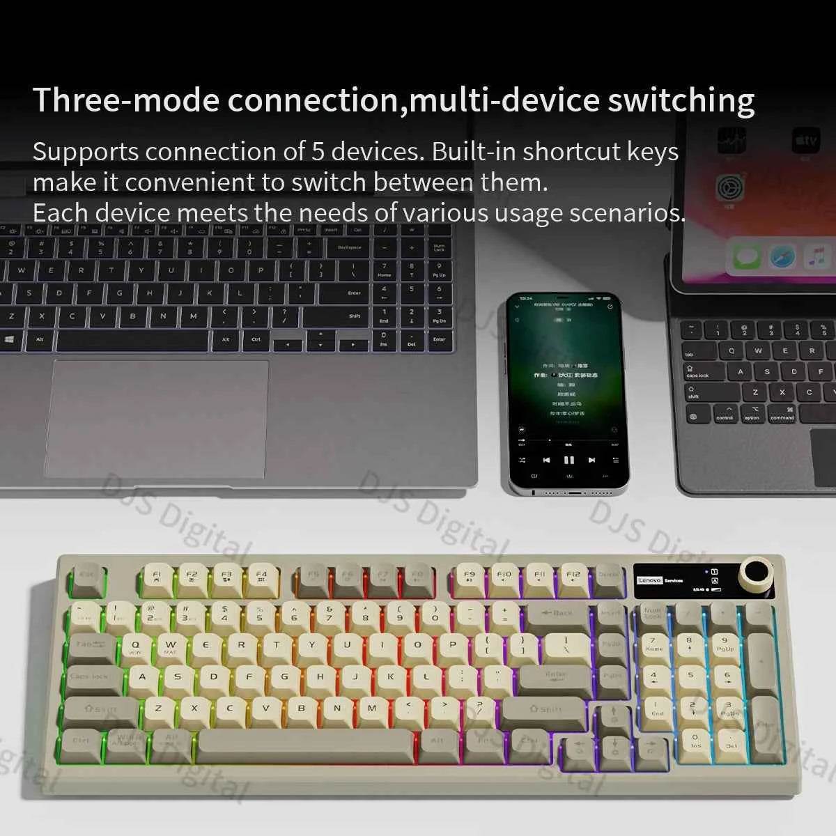 Lenovo K280 Tri-Mode Wireless Multi-Device Switching Keyboard Ergonomic Design Rgb Light Gaming Keyboard for Pc Laptop Desktop