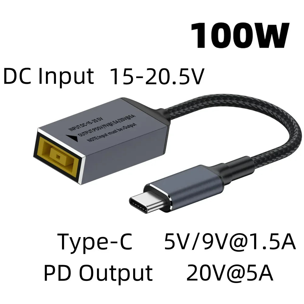 65W 100W 140W USB C Fast Charging Cable for Lenovo Laptop Charger DC Jack Square Plug To Type-C 5V/9V/20V PD Adapter Converter