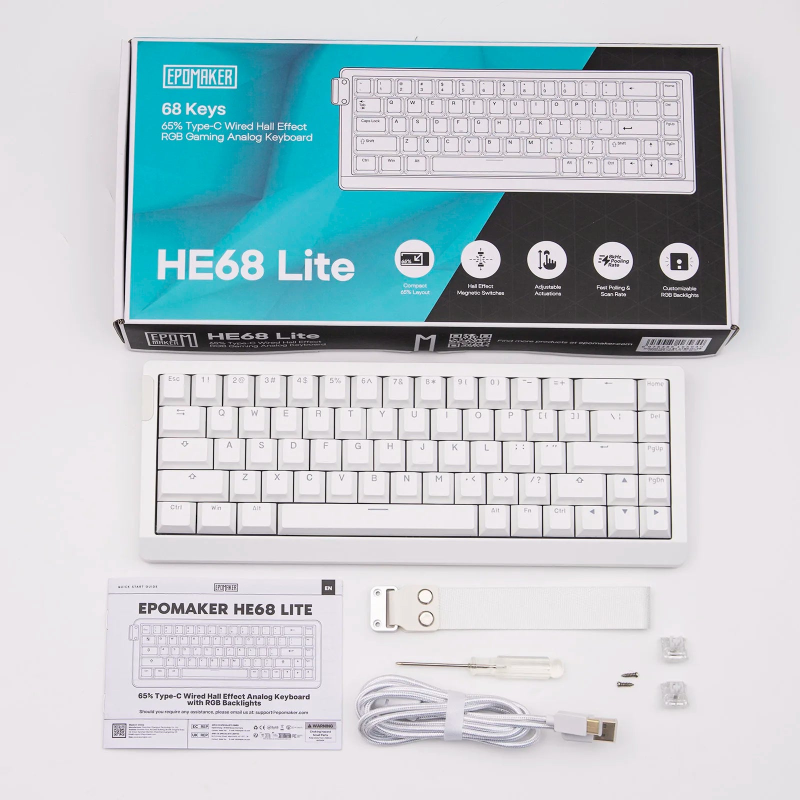 EPOMAKER HE68 Lite 65% Layout Tray-Mounted Wired Hall Effect NKRO Magnetic Keyboard DKS SOCD 8kHZ Polling Adjustable Actuation