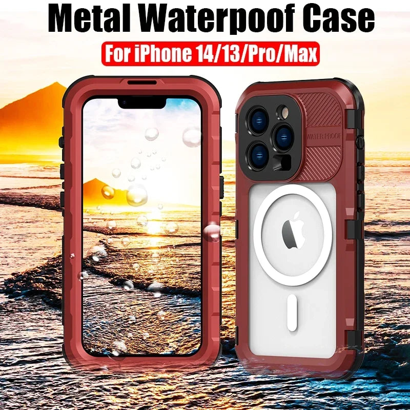 Heavy Duty Aluminum Metal IP68 Waterproof Case For iPhone 14 Plus 15 Pro Max Diving Swim Military Shockproof Magnetic Cover