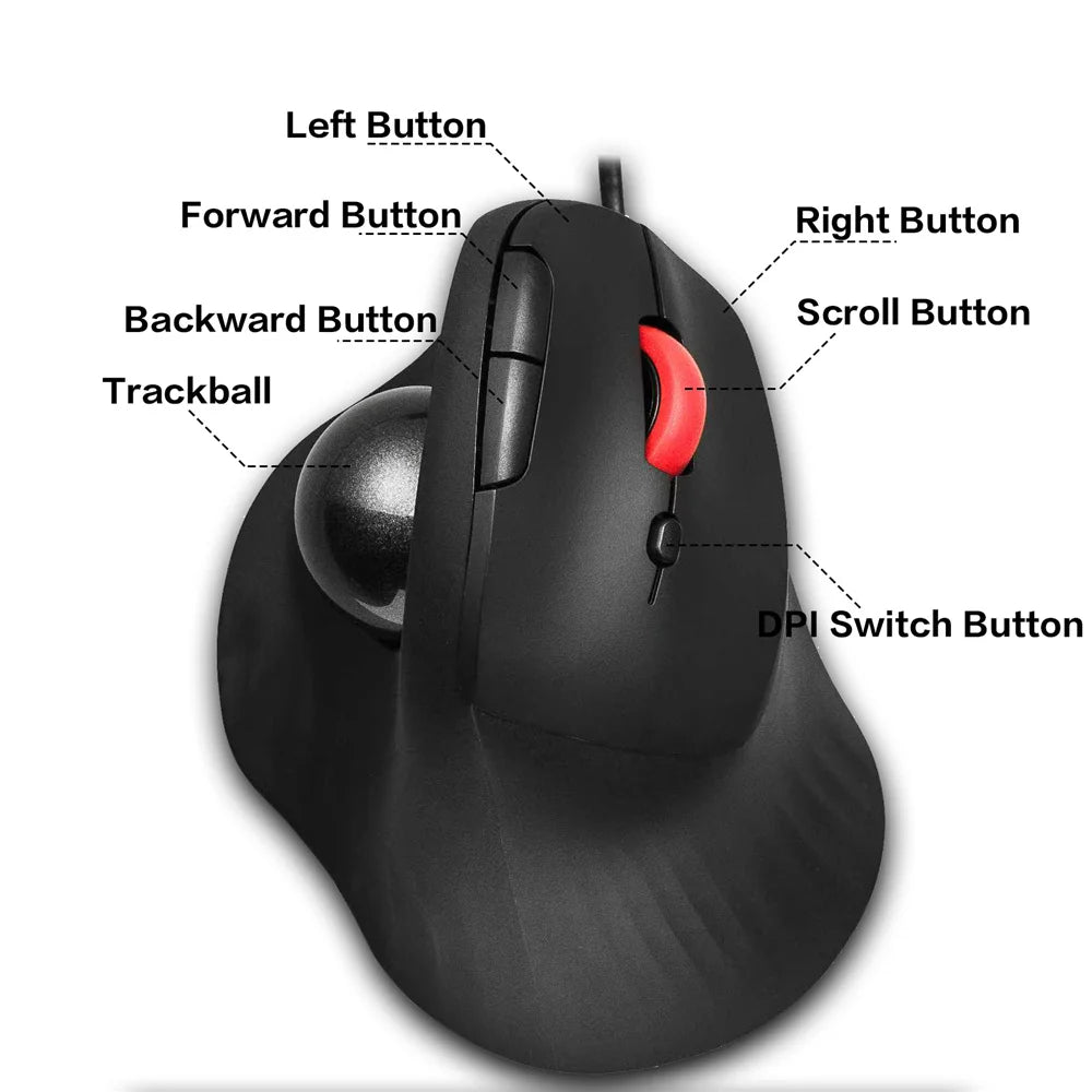 JOMAA Wired Trackball Mouse Vertical Ergonomic Mice Thumb Control Smooth Tracking Roller Ball Tilt Scroll Computer Mouse