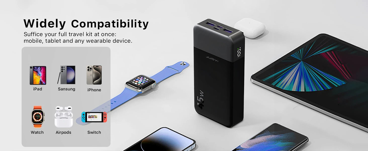 JUOVI 45W 20000mAh Power Bank Super Fast Charging Portable Powerbank for iPhone 17 Samsung S26 Pocket-Sized Portable Charger