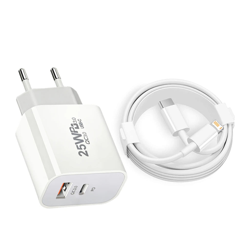 25W PD USB C Multi-Port Fast Charger For iPhone 11 12 13 Mini 14 Pro Max X XR XS Max 7 8 Plus Quick Charging PD Cable 1m 1.5m 2m