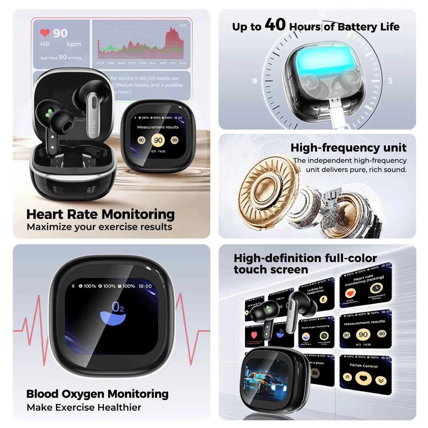 HTC NE46 TWS Earbuds BT 6.0 Heart Rate Monitoring Earbuds Smart Screen Charging Case  Noise Cancelling HiFi Stereo AI Translator