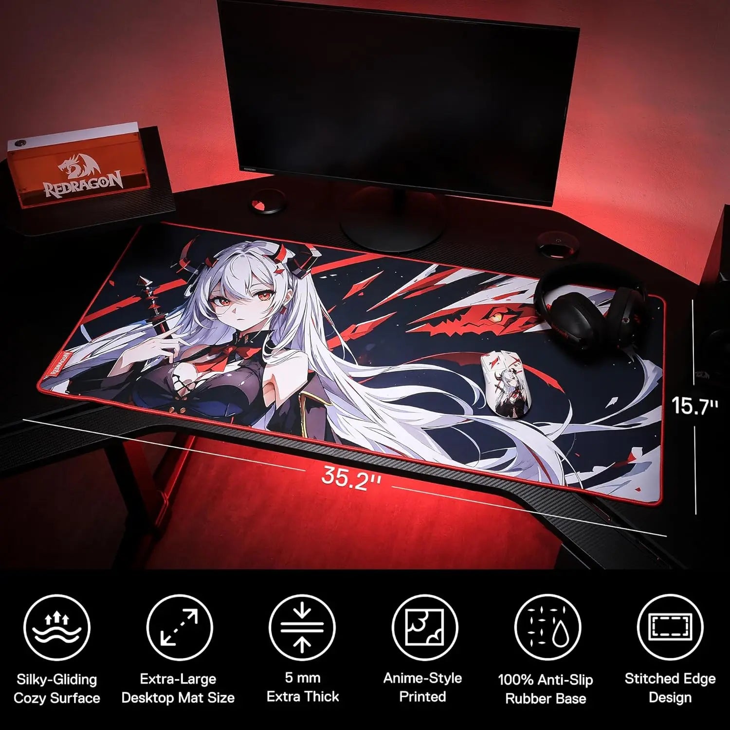 Redragon EISA P047 Anime Gaming Mouse Pad - Smooth Lycra Surface, Anti-Slip Rubber Base, Spill-Resistant, Durable 5mm Thick - WinSupport Tech