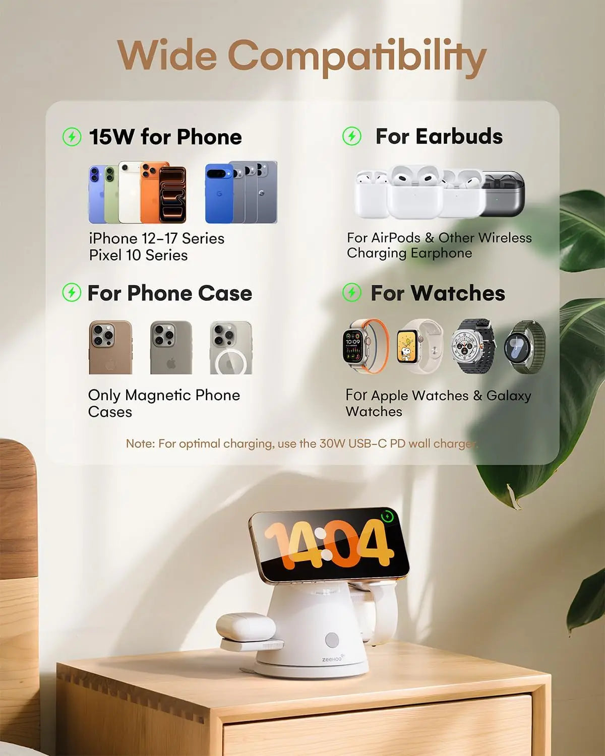 3-in-1 Qi2 Mag-Safe Charger with Night Light, Fast Wireless Charging for iPhone, AirPods & Watch