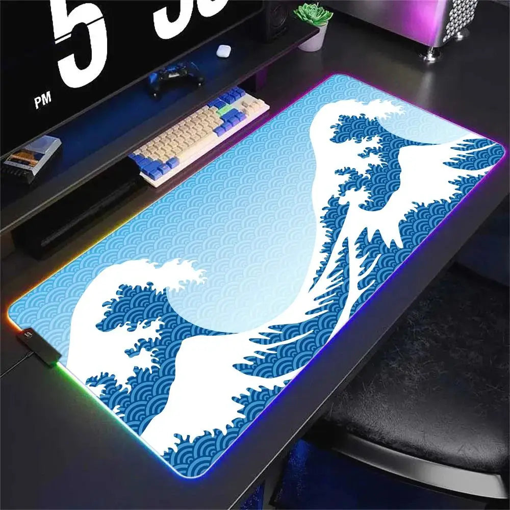 Japan Style Wave Mouse Pad RGB Lighted Mousepad Mechanical Keyboard Pads Office Computer Accessories LED Non-slip Game Table Mat - WinSupport Tech