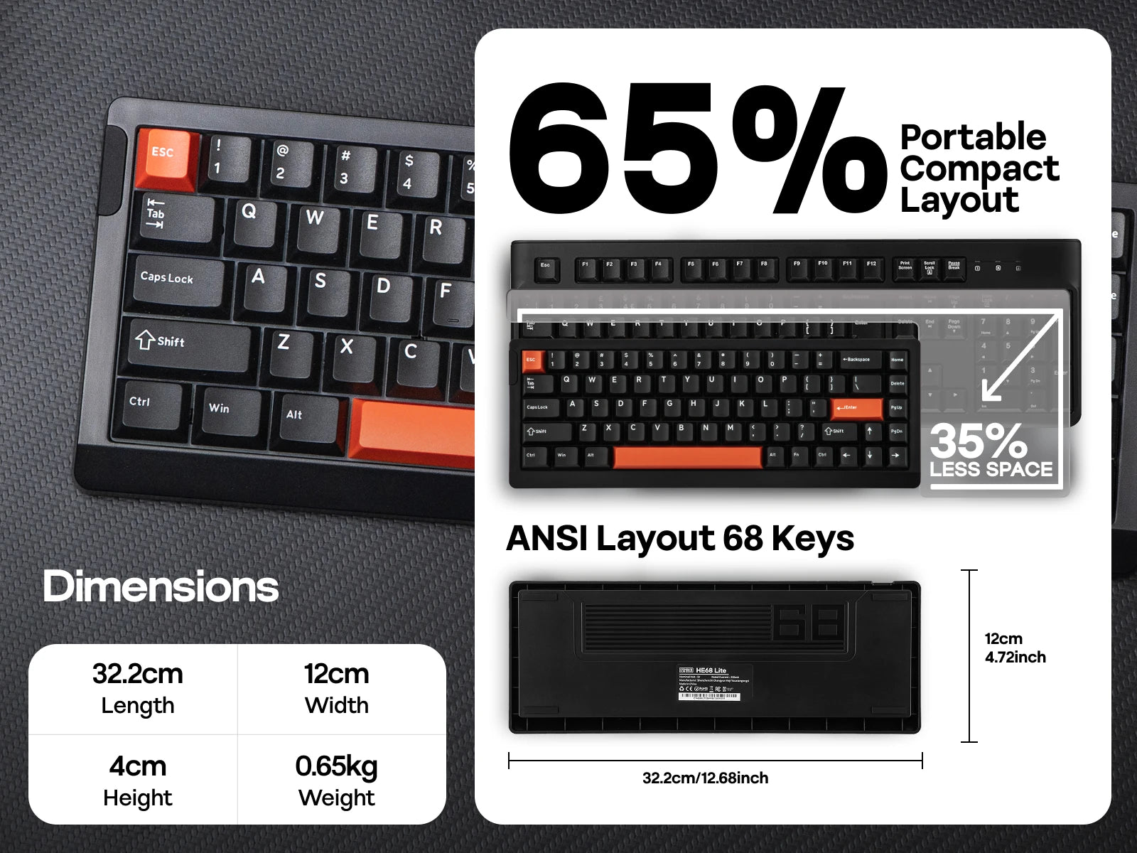 EPOMAKER HE68 Lite 65% Layout Tray-Mounted Wired Hall Effect NKRO Magnetic Keyboard DKS SOCD 8kHZ Polling Adjustable Actuation