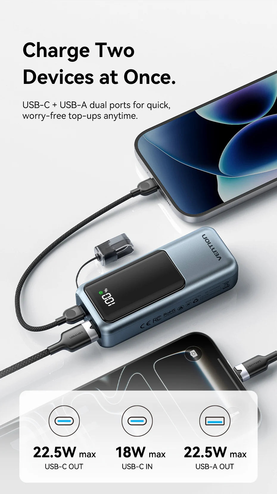 Vention 10000mAh Mini Power Bank 22.5w Portable Charger Built-in USB C Cable PD 3.0 Fast Charging for iPhone 17 Samsung S25 S24