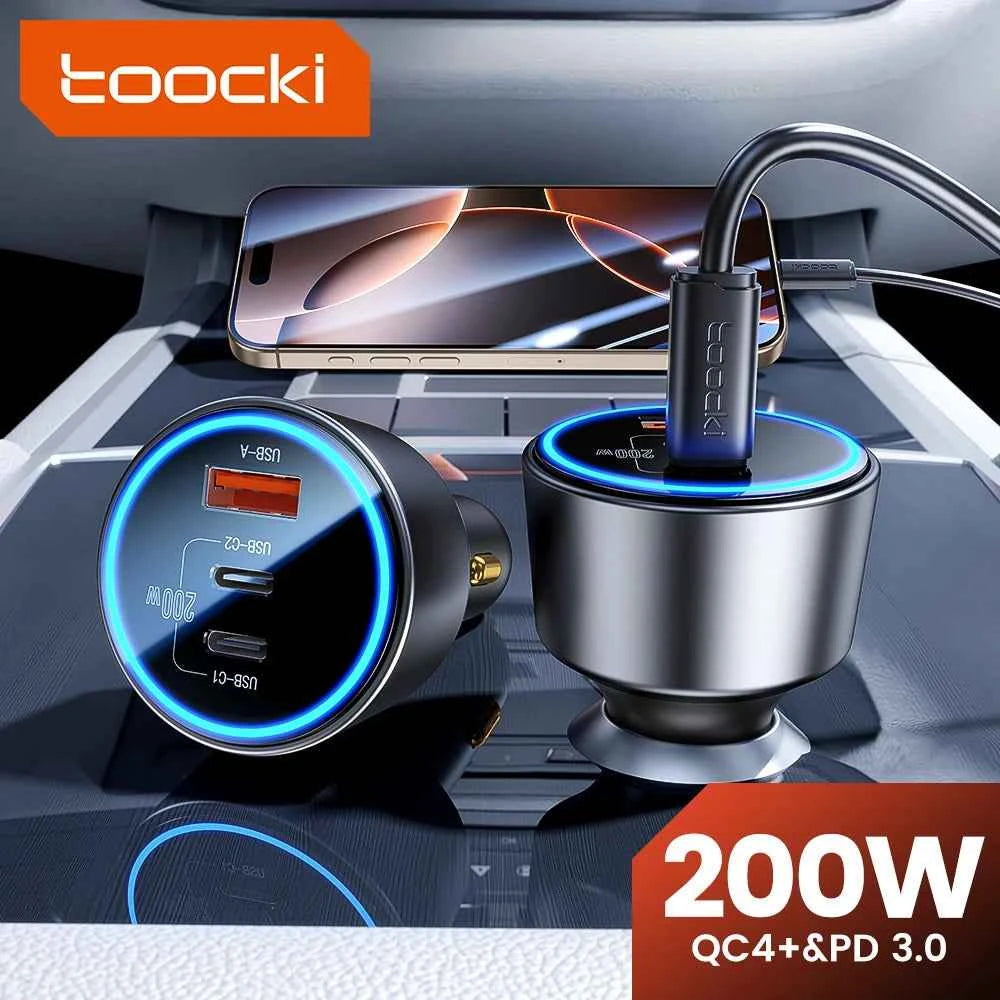 Toocki 200W Car Charger USB Type C QC 4.0 PPS 45W PD 100W Fast Charging USB C Car Phone Charger for iPhone 16 15 Samsung Macbook