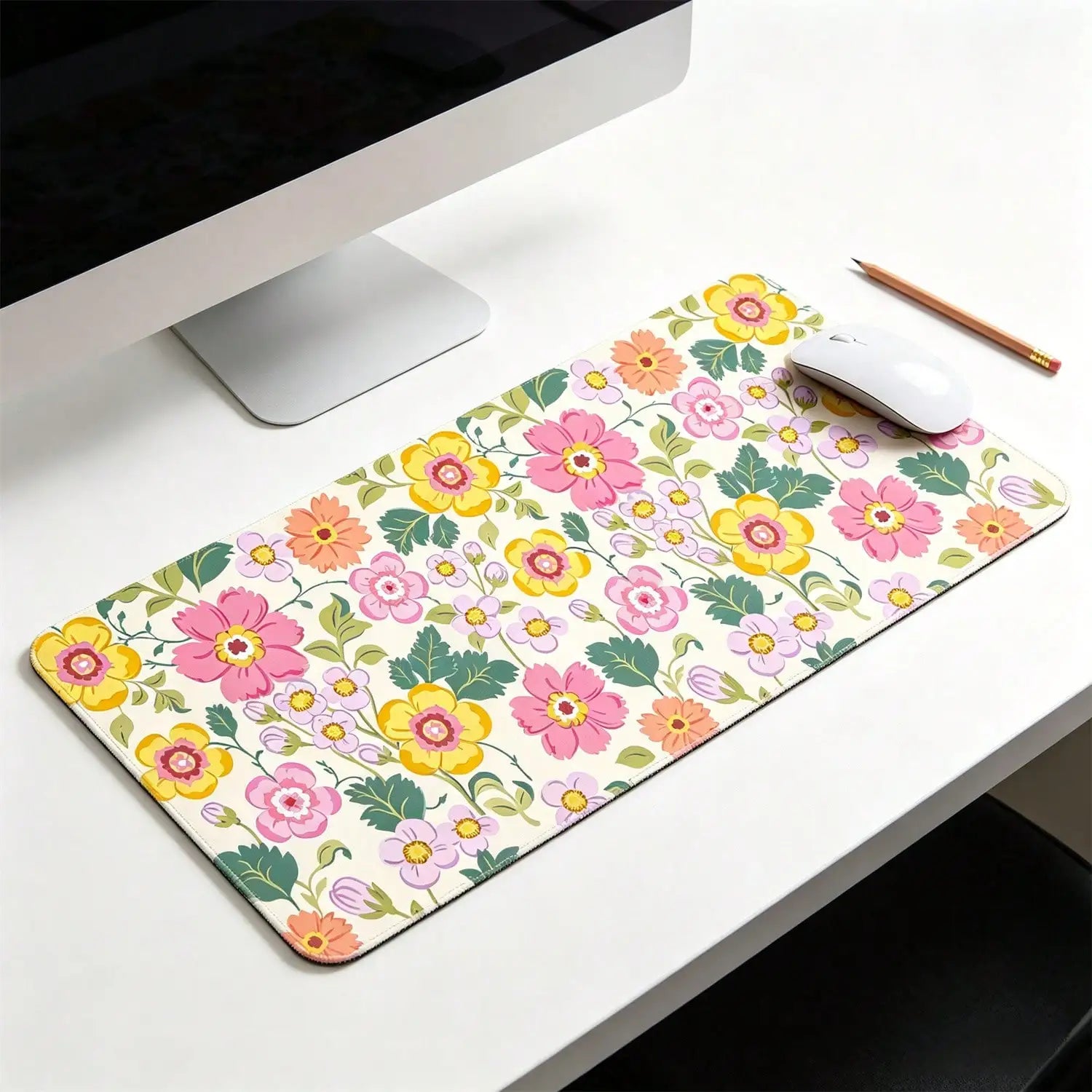 Large Mouse Pad, Wildflowers Floral Desk Mat Computer Keyboard Pad Non-Slip Rubber Base With Stitched Edges For Laptop Gaming, Office & Home