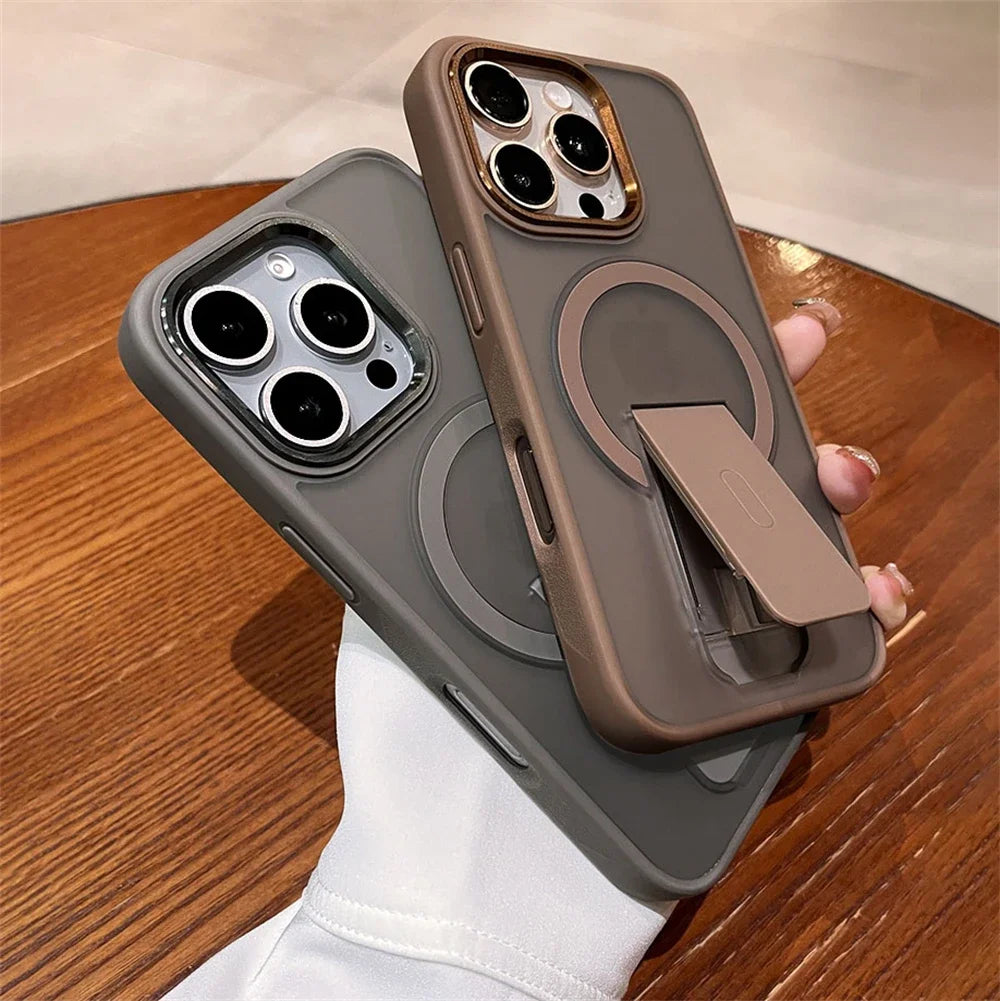 Folding Stand Holder Magnetic Matte Case For iPhone 17 16 Pro Max 15 14 Plus 13 12 For Magsafe Wireless Charge Shockproof Cover