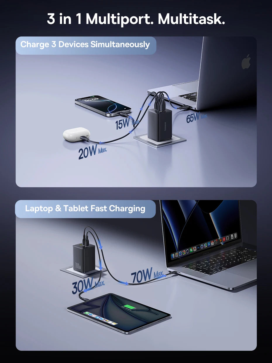 Baseus 100W Fast Charger GaN Charger For iPhone 17 16 Xiaomi Samsung Laptop Tablet USB C Charger QC PD Charger USB Phone Charger
