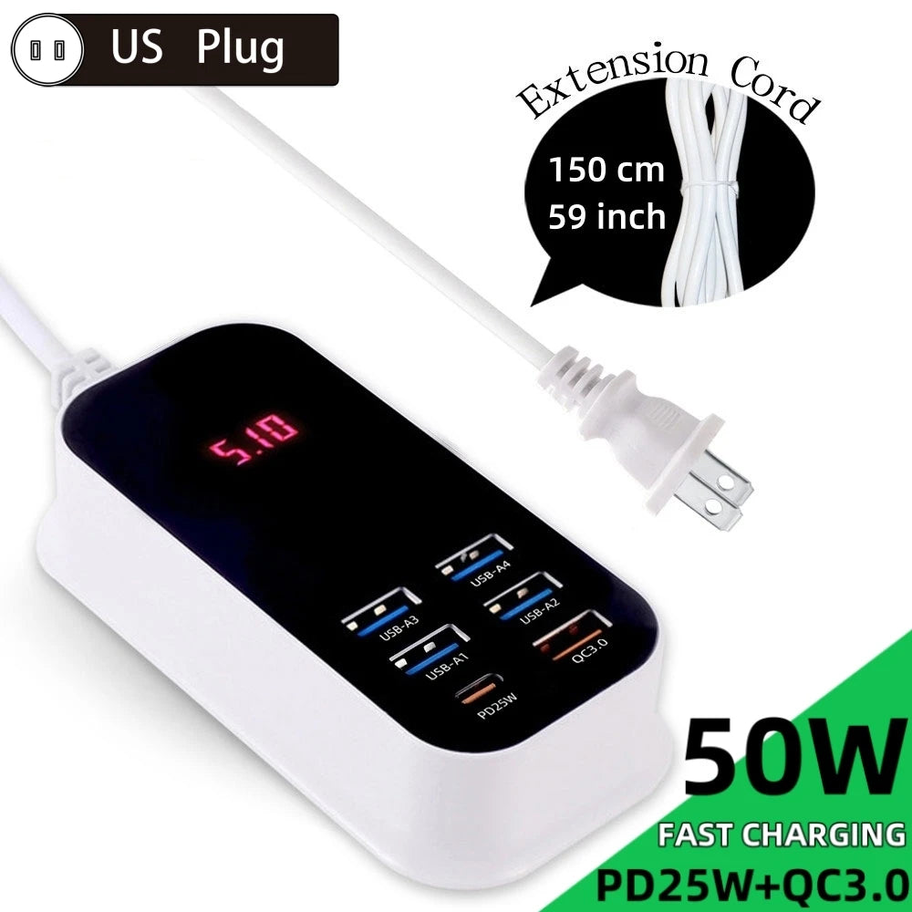 Real 50W 6-Port USB Type C PD QC3.0 Charger Phone Fast Charging LED Extension Cord Power Adapter Desktop Wall for iPhone Samsung