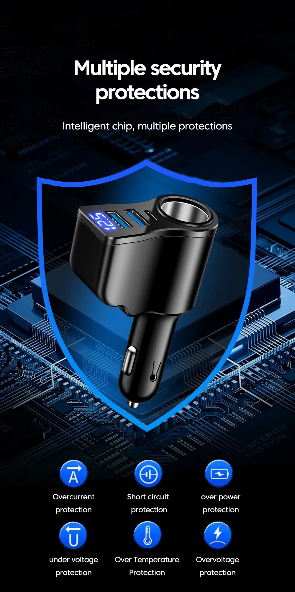66W 4 Ports Digital Display Car Cigarette Lighter Power Adapter 3.1 A USB PD Car Phone Multifunctional Charger For iPhone Huawei